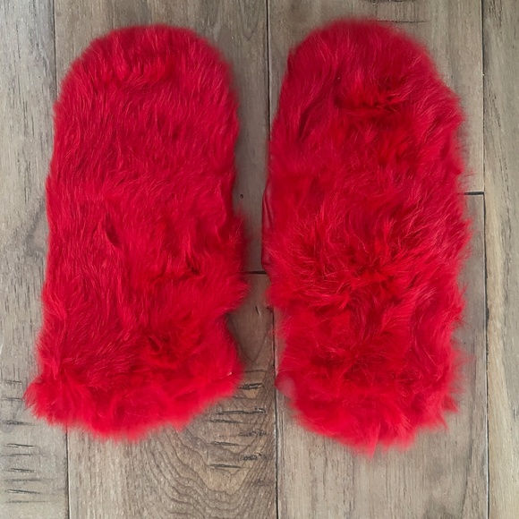 Women\'s Vintage, Red, Real Fur & Leather Mittens